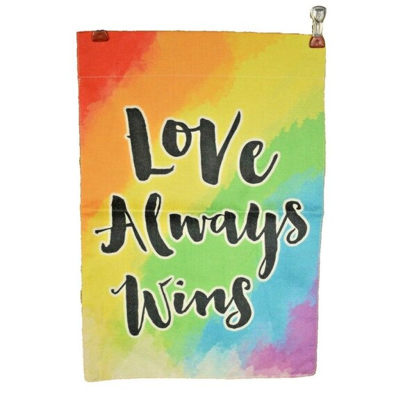Love Always Wins 13 x 18 inch Double Sided Nylon Burlap Decorative Garden Flag - Picture 2 of 4
